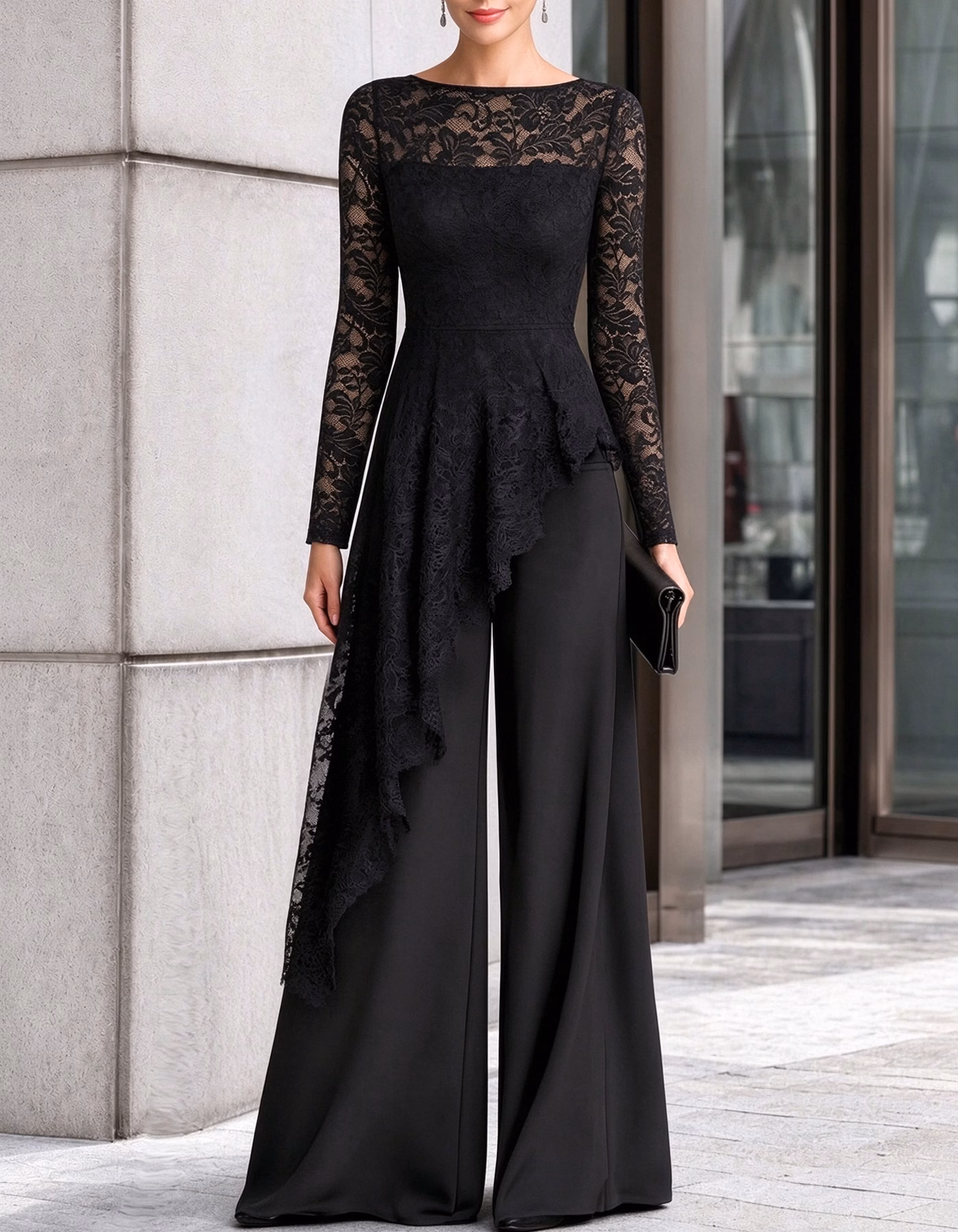 Black Lace Asymmetrical Peplum Wide Leg Jumpsuit