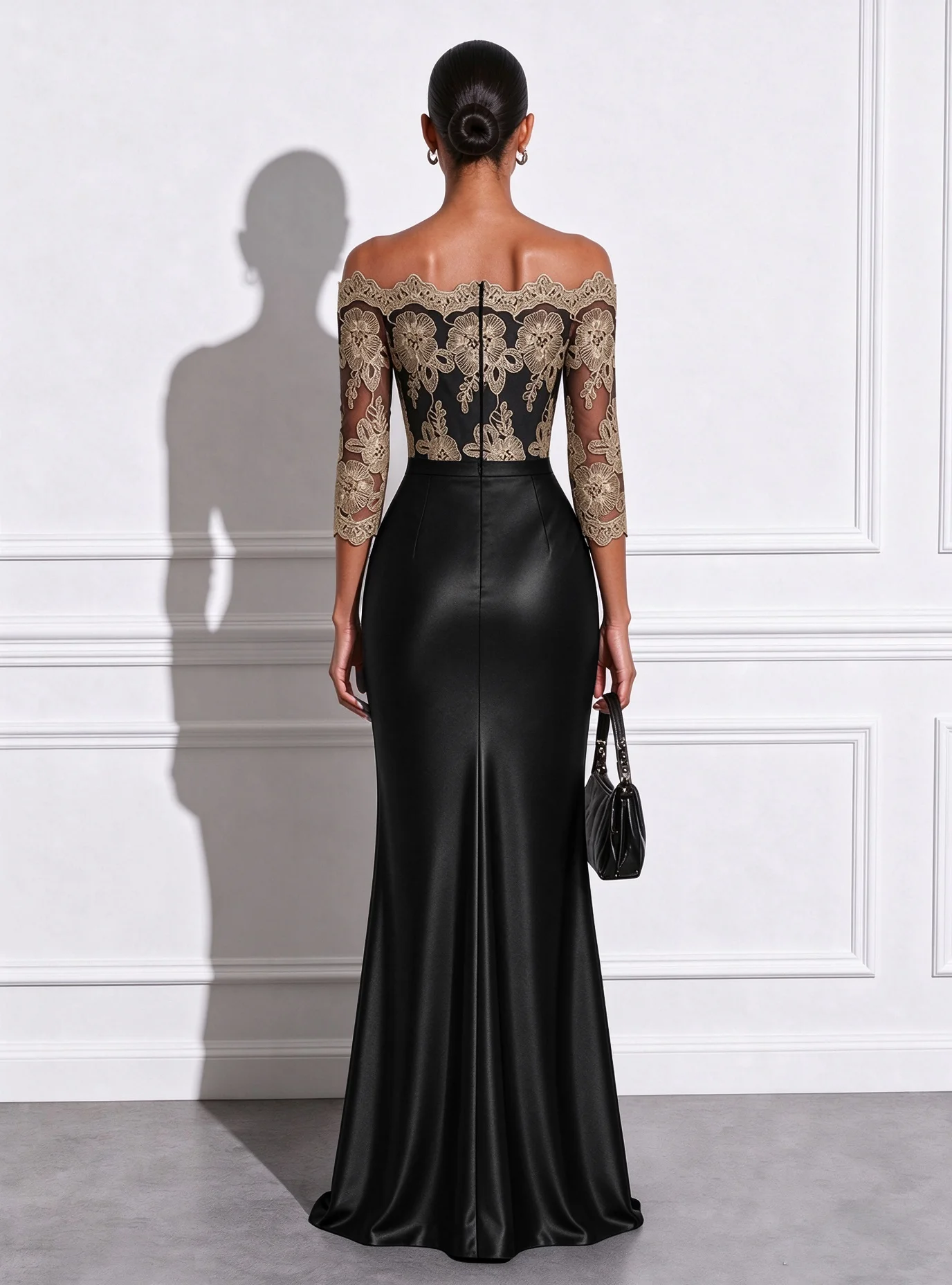 Black Lace Ruched Off The Shoulder Drop-waist Long Sleeve Mermaid Gown Dress