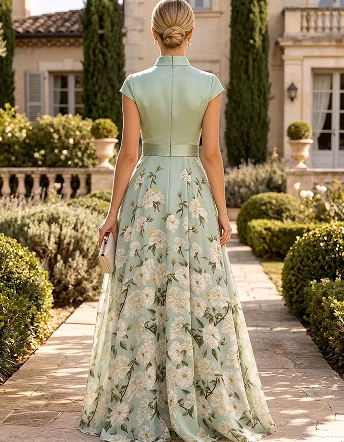 Mint Green Mandarin Collar Floral Chiffon Maxi Dress