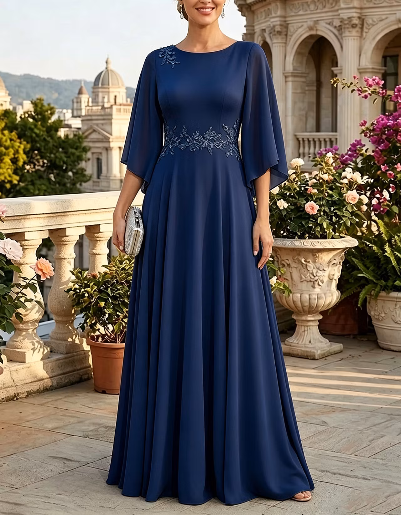 Light Blue Round Neck Chiffon A-Line Maxi Dress