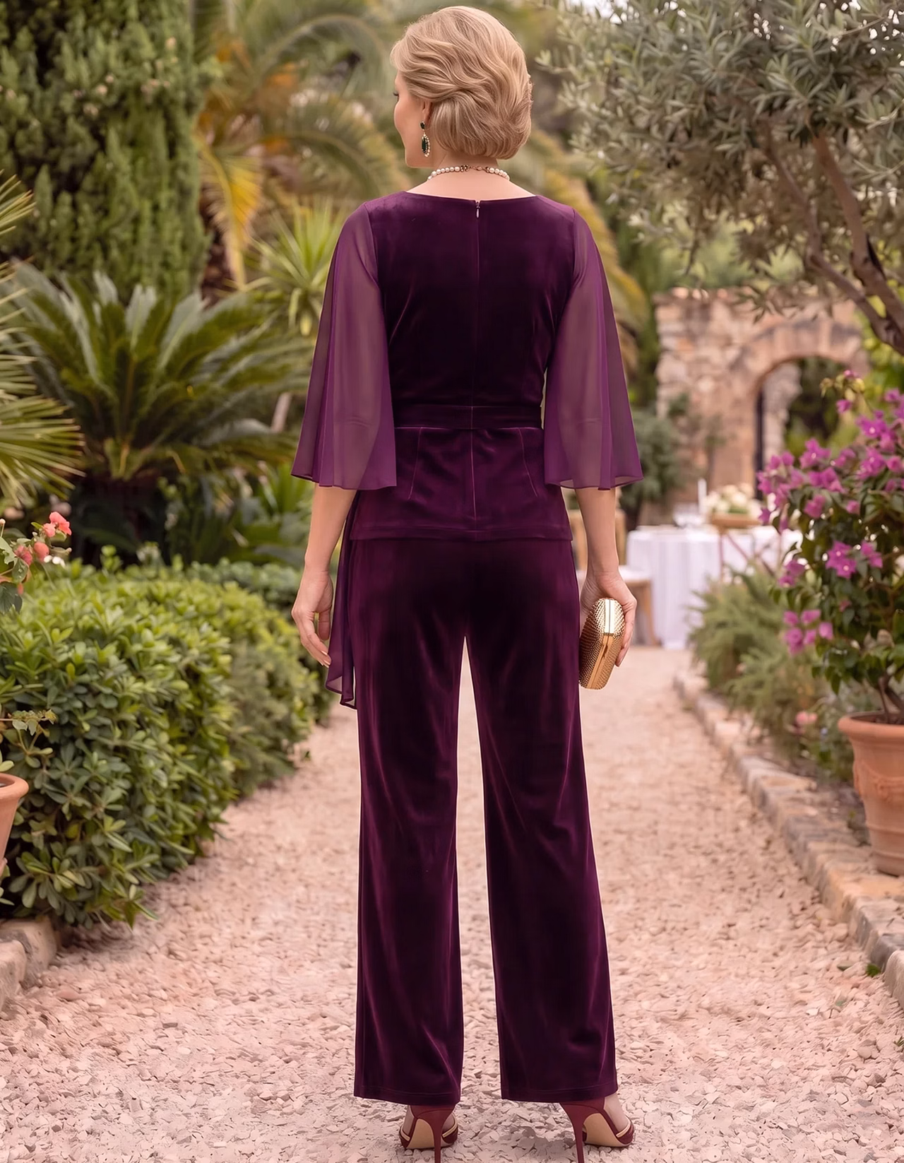 Deep Purple Velvet Chiffon Boat Neck Flare Sleeve Two‑Piece Suit