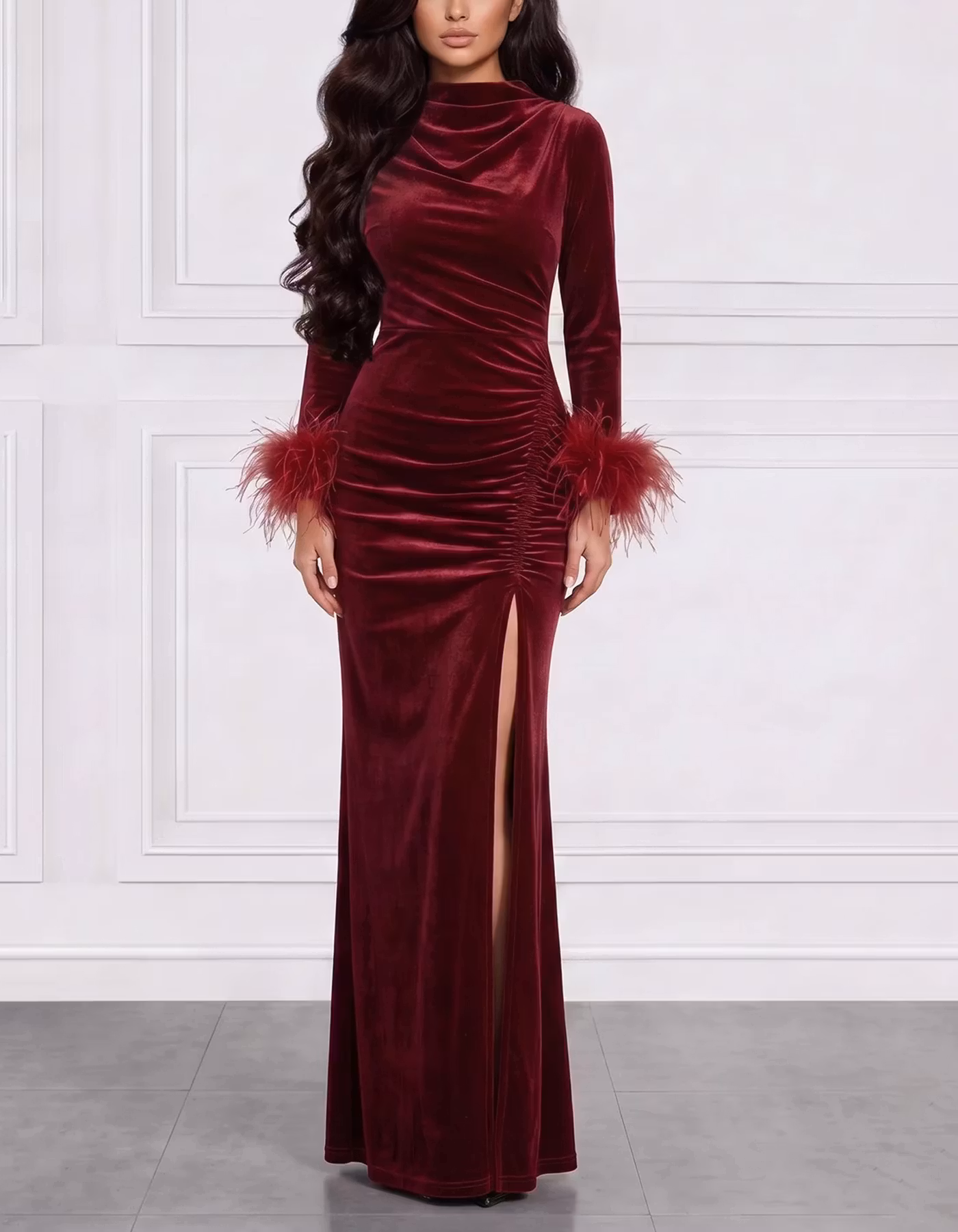 Burgundy Velvet Crew Neck With Feather Cuffs Maxi Dress