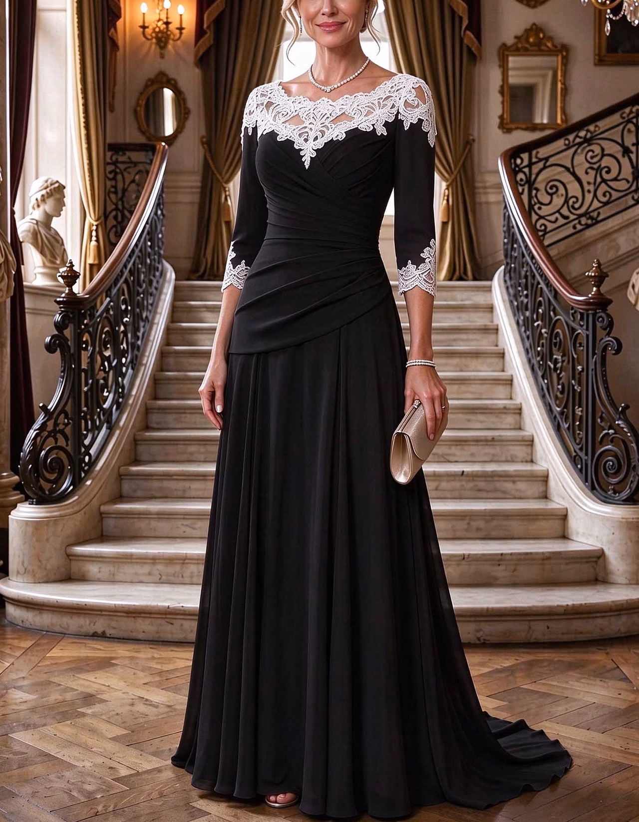 V Neck White Lace Illusion Neck 3/4 Sleeve Ruched Chiffon Maxi Dress