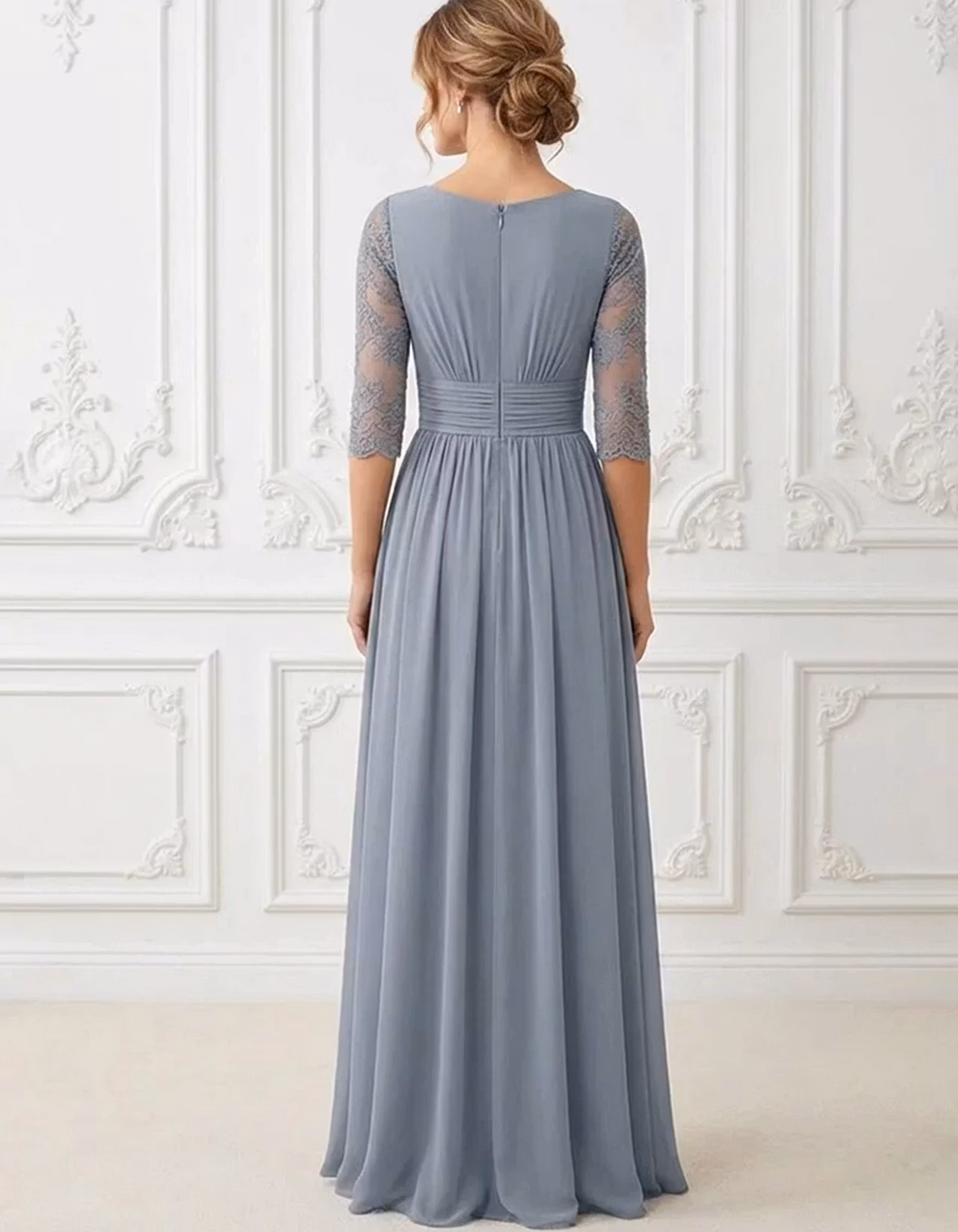 Chiffon Round Neck Sheer Lace 3/4 Sleeve Maxi Dress