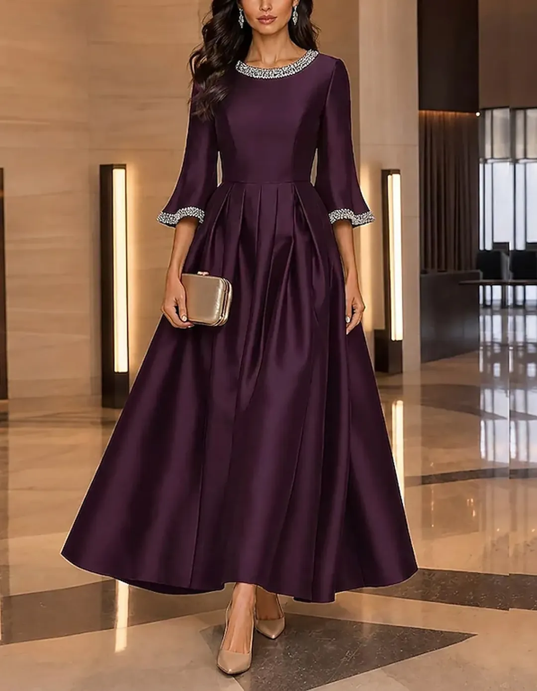 Navy Blue Satin Sequin Crew Neck Maxi Dress