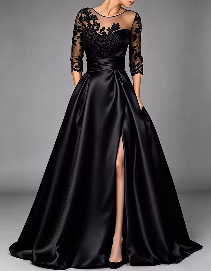 Navy Blue Illusion Neck 3/4 Lace Sleeve Satin A‑Line Maxi Dress