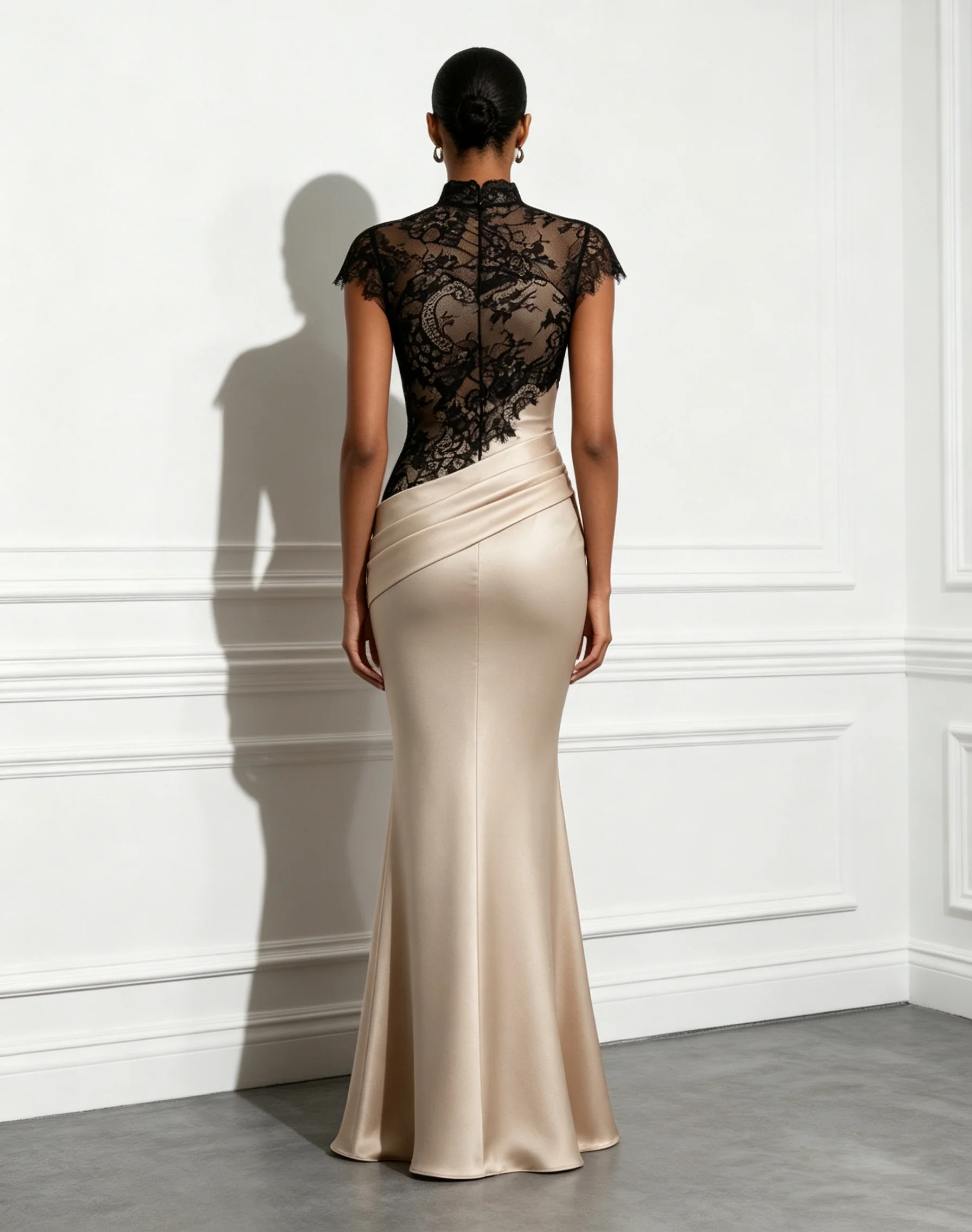 Champagne-Black Lace Ruched Satin Mock Neck Short Sleeve Mermaid Gown Dress