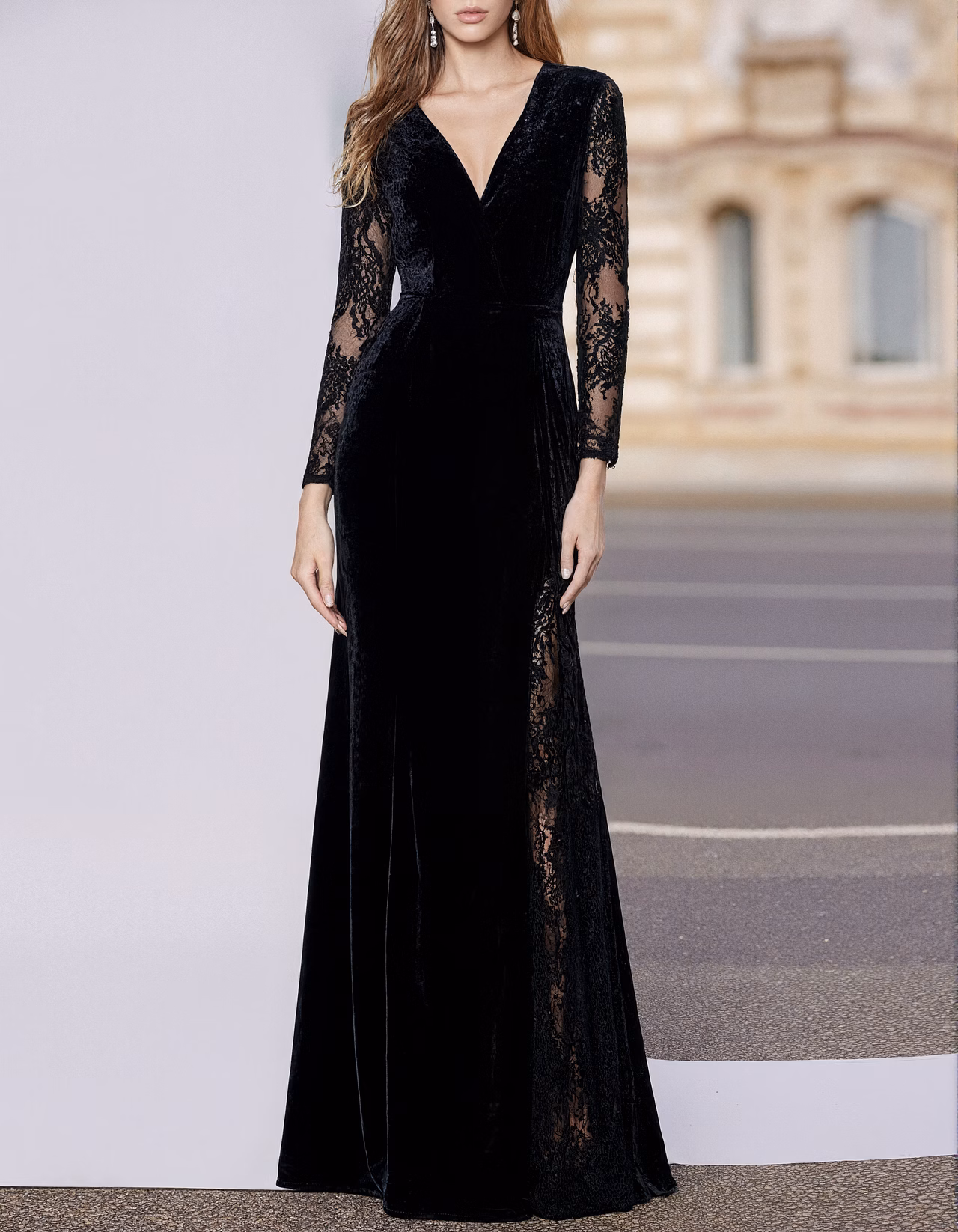 Black Velvet And Lace Long Sleeve Maxi Dress