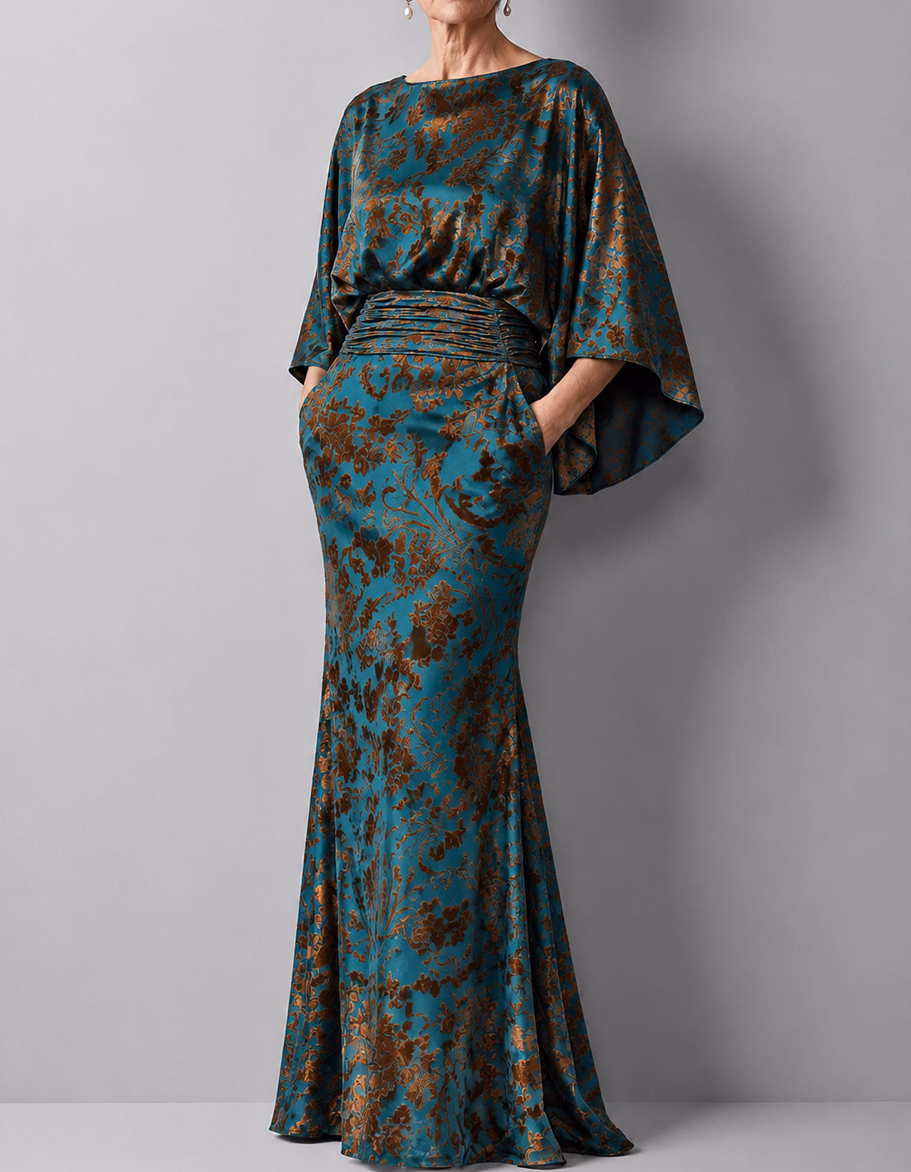 Batwing Sleeve Ruched Waist Floral Velvet Jacquard Maxi Dress