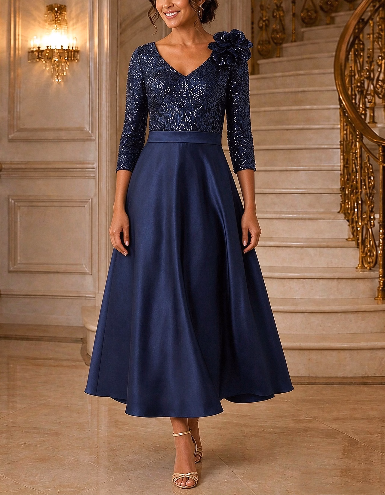Solid Color V-Neck With Sequins Midi Dress