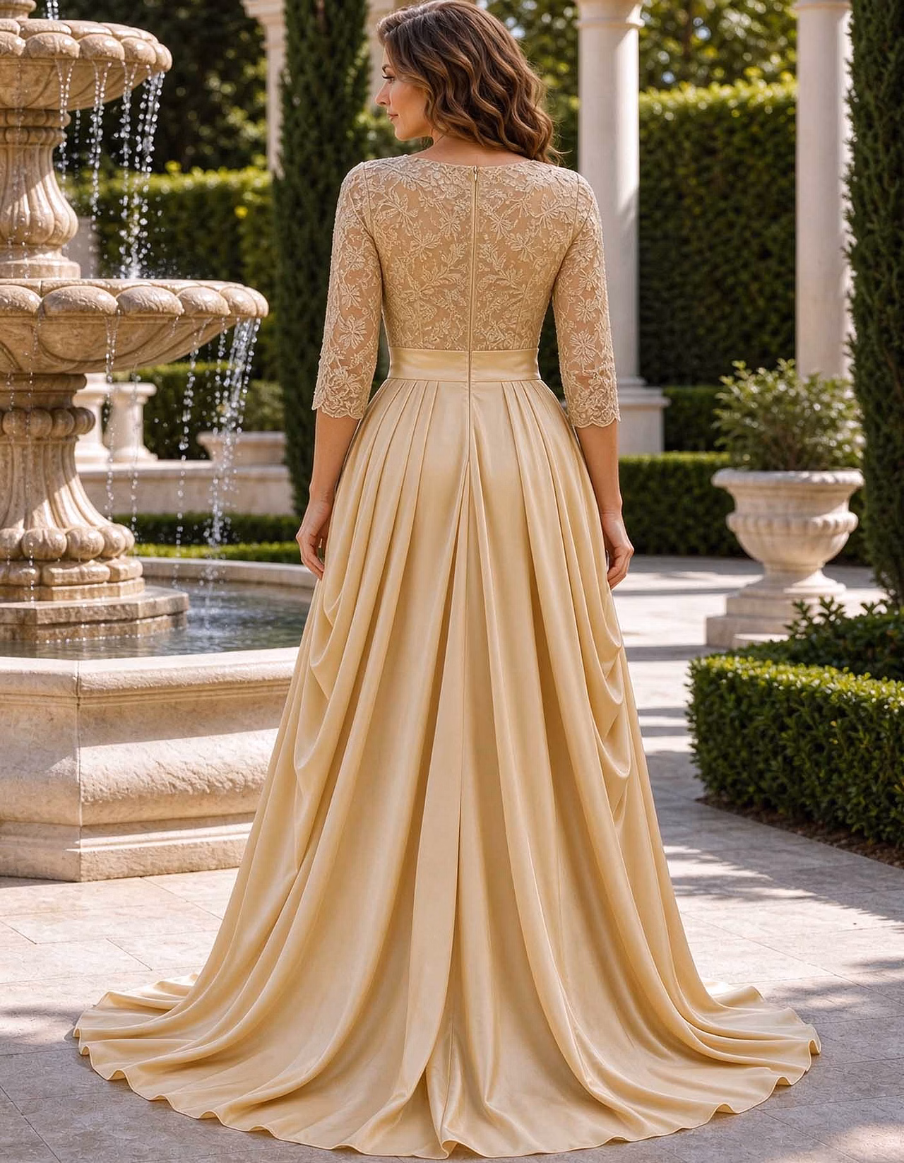 Lace 3/4 Sleeve V-Neck Satin A-Line Maxi Dress