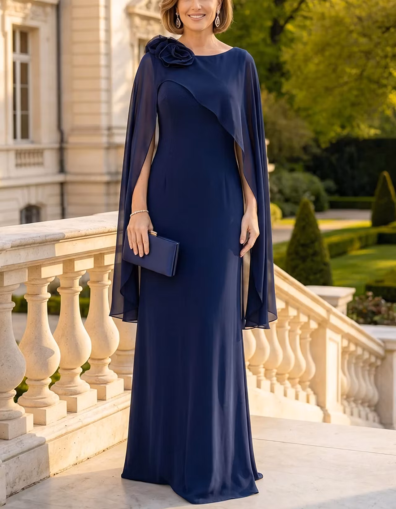 Chiffon Cape Sleeve Shoulder 3D Flower Maxi Dress