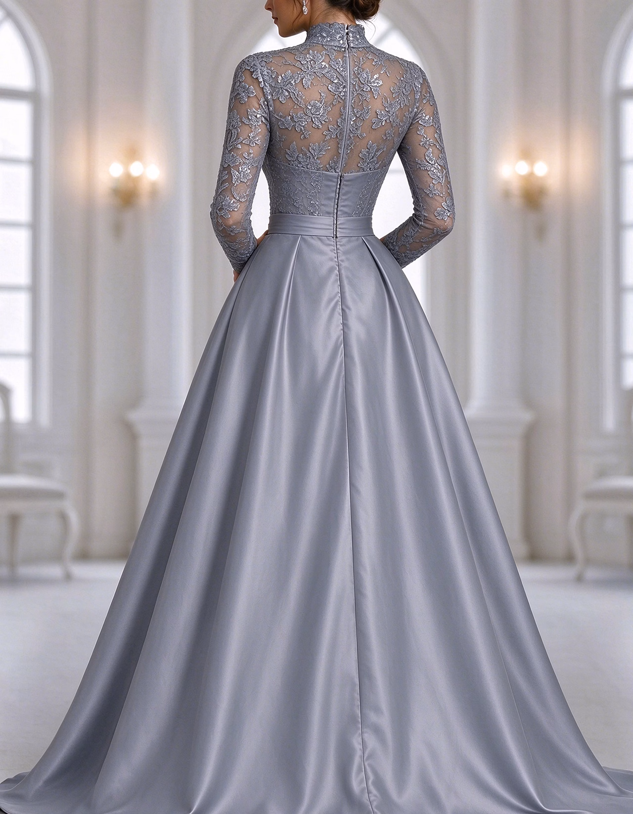 Silver Grey Illusion High Neck Long Lace Sleeve Maxi Dress