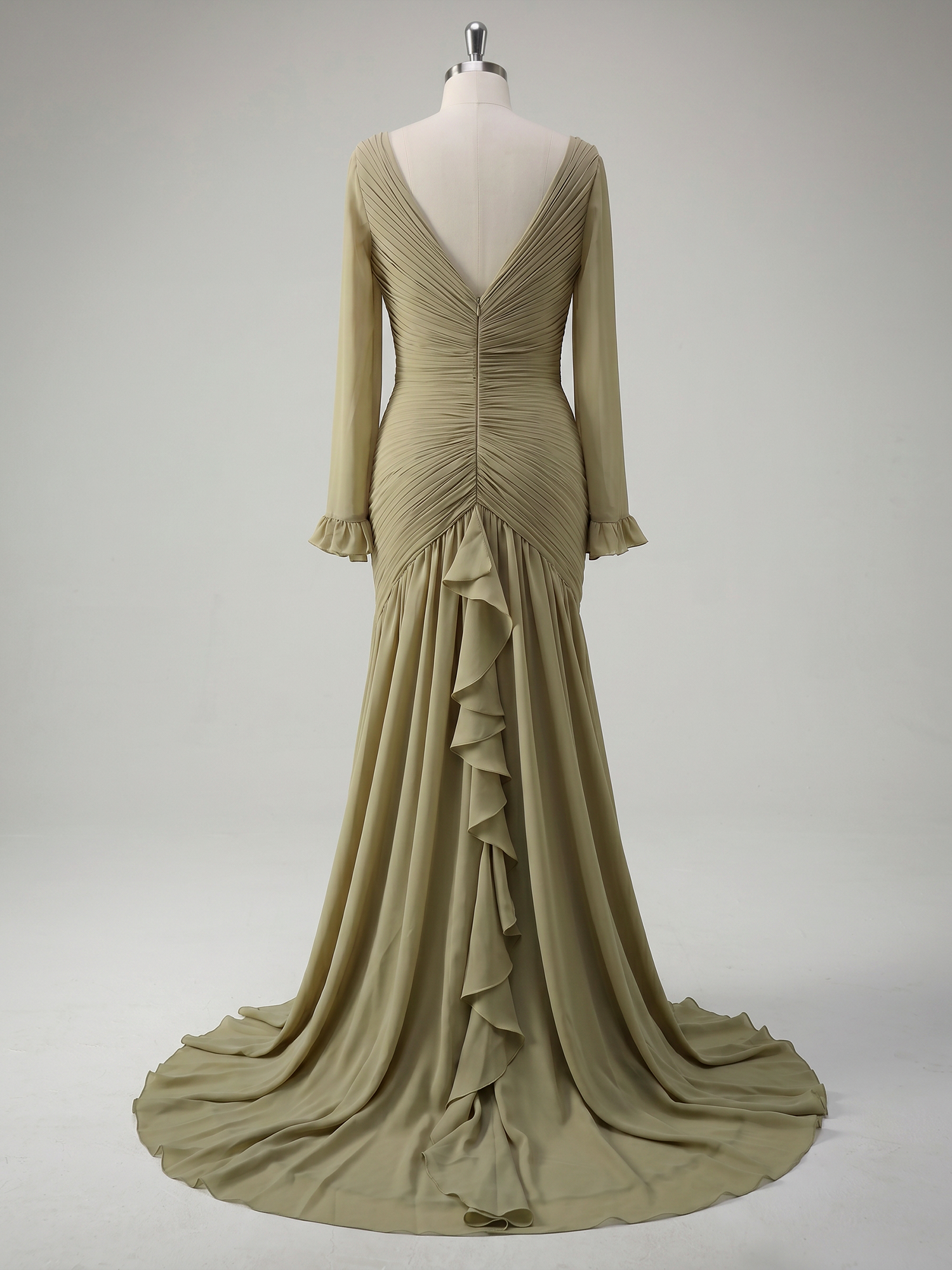 Sophisticated Ruched Chiffon V-Neck Gown with Cascading Ruffles