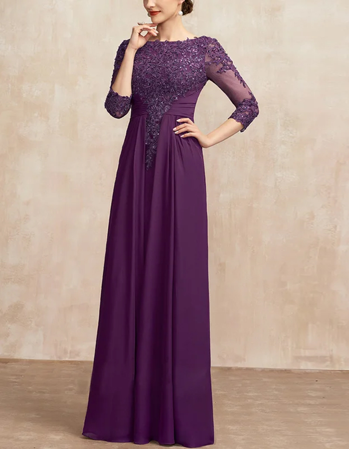 Round Neck Lace Solid Color Sequins Maxi Dress