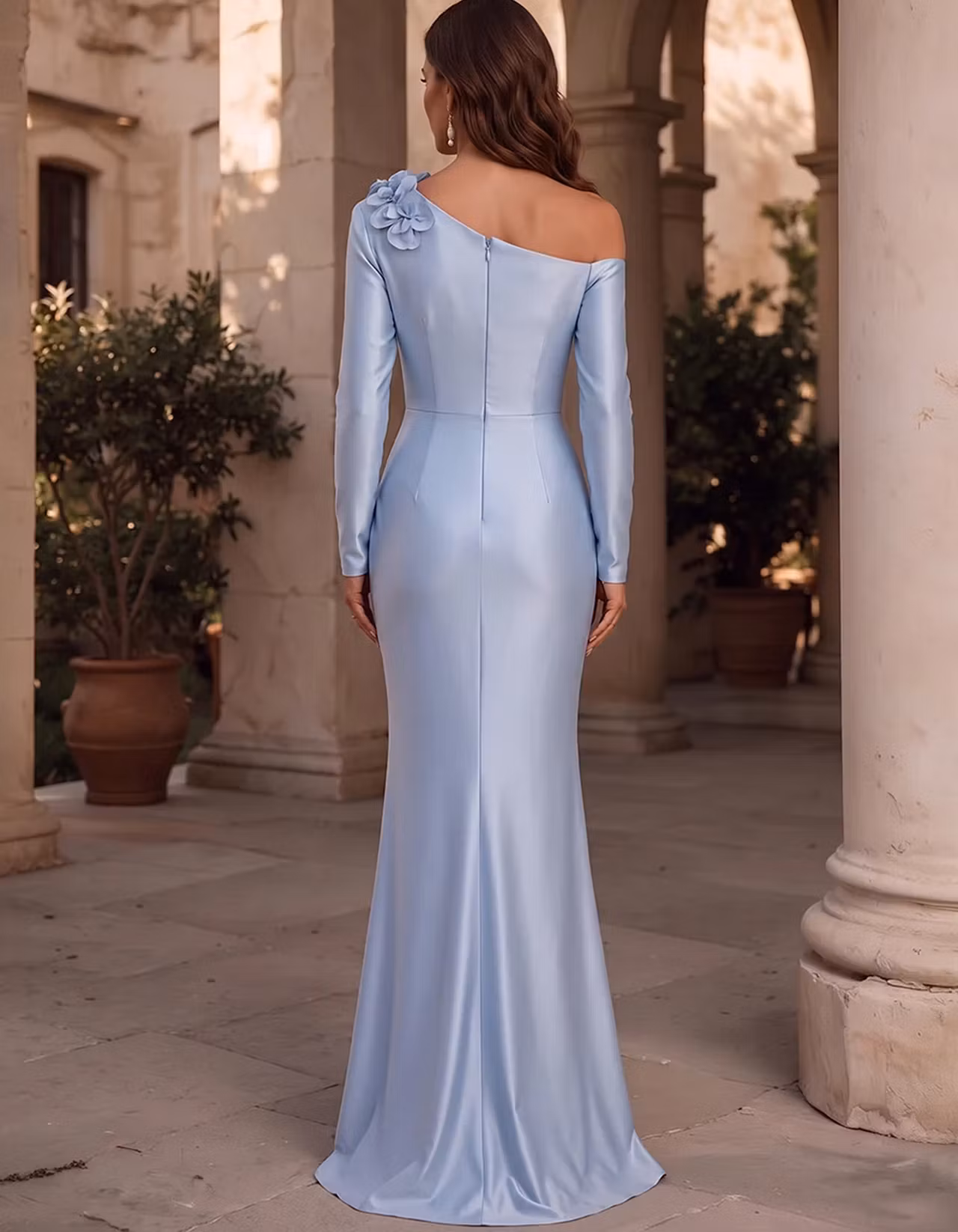 Satin Off Shoulder Long Sleeve 3D Floral Side Ruched Maxi Dress