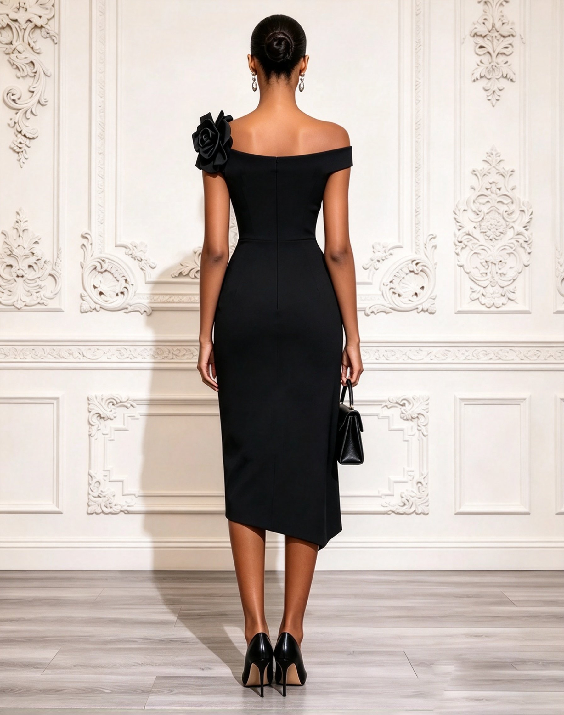 Black 3D Floral Ruched Knit Asymmetrical Collar Short Sleeve Sheath Midi Dress
