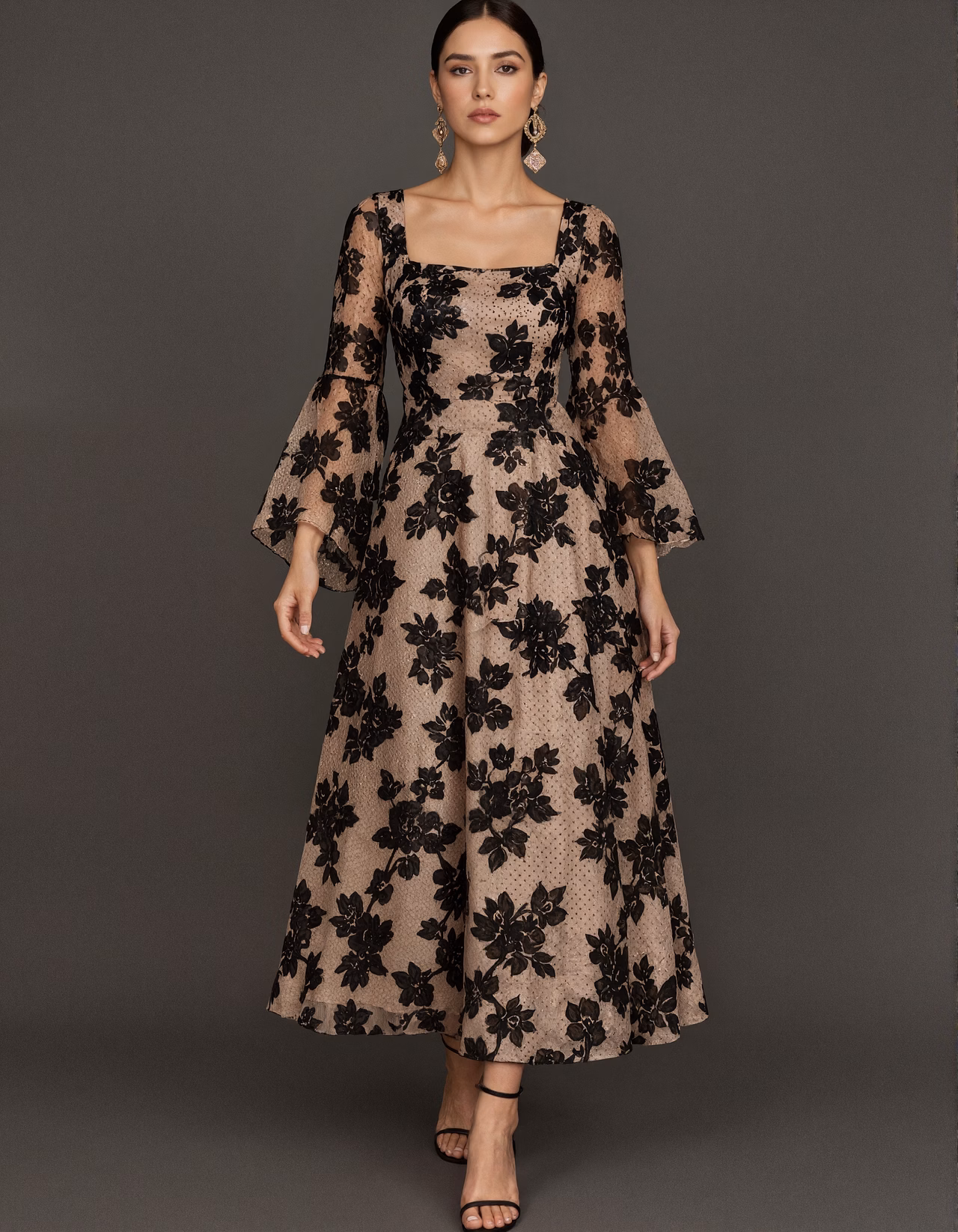 Black Flocked Floral Lace Midi Dress