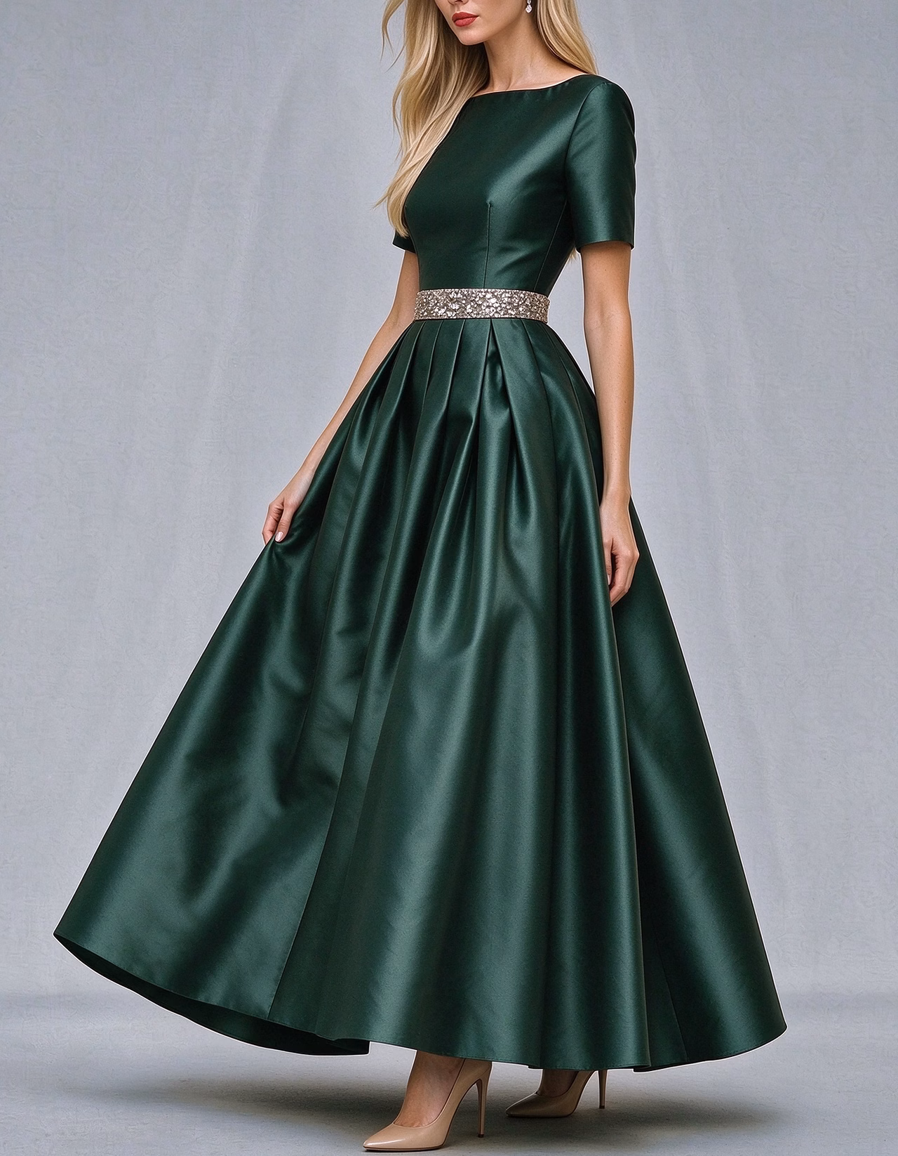 Boat Neck Short Sleeve Satin Maxi Dress