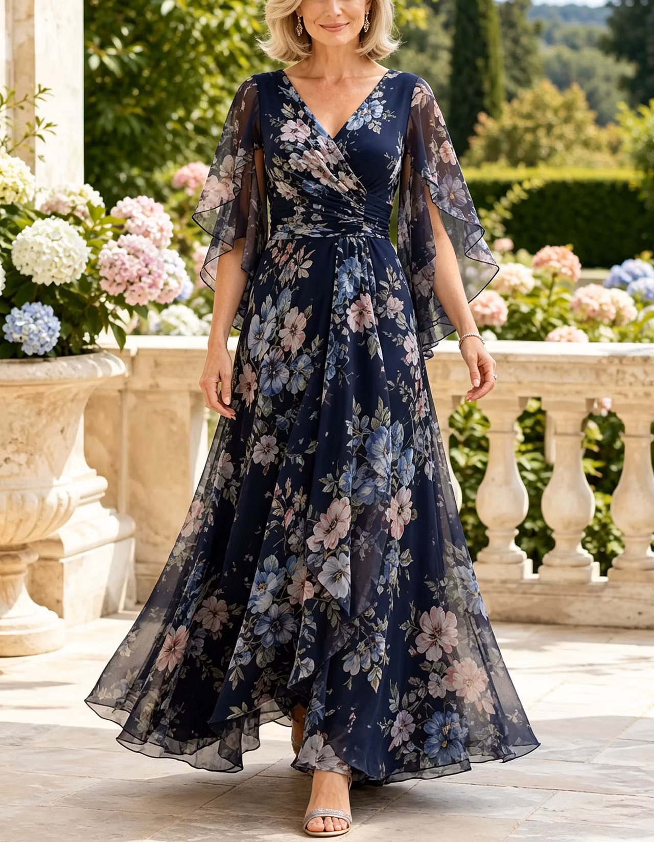 Navy Blue Floral Print Wrap Ruffle High Low Chiffon Maxi Dress
