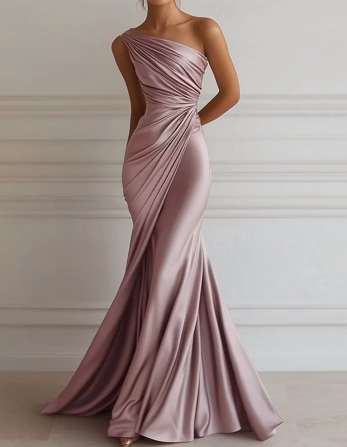One-shoulder Stretch Satin Pleats Maxi Dress