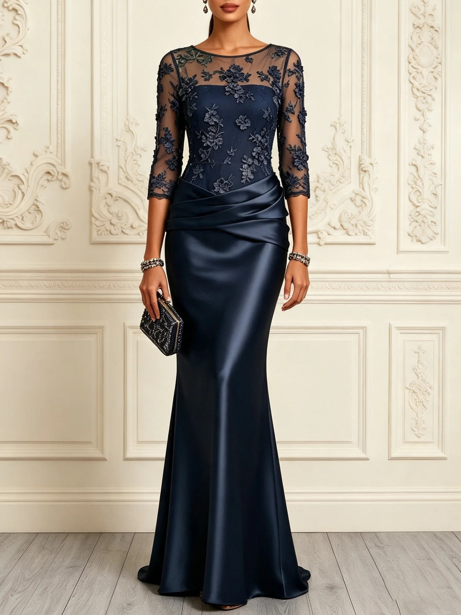 Purplish Blue 3D Floral Ruched Satin Crew Neck Half Sleeve Mermaid Floor-length Gown Dress