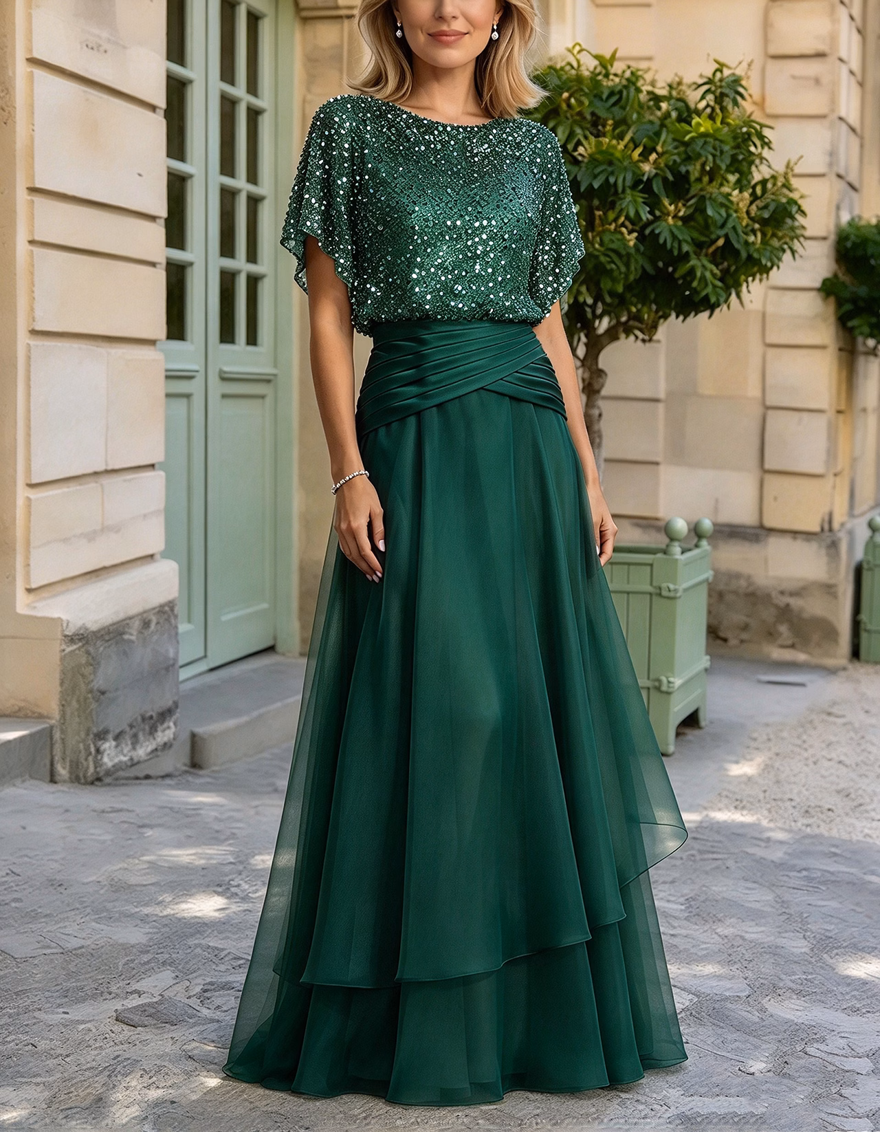 Champagne Short-Sleeve Beaded Tulle & Chiffon Maxi Dress
