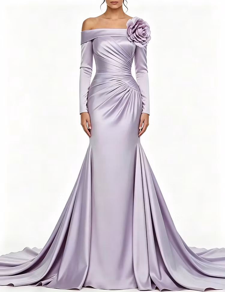 Off The Shoulder Satin Long Sleeve 3D Floral Formal Maxi Dress