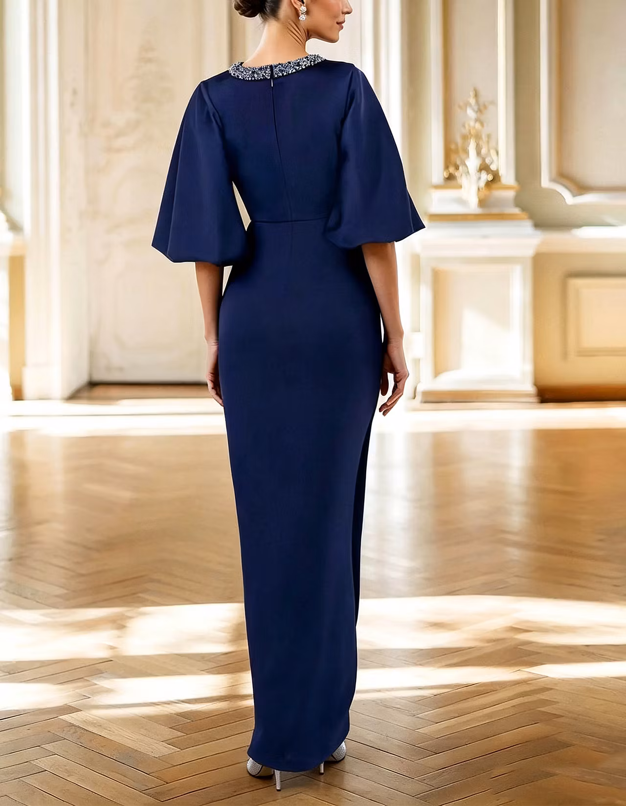 Deep Royal Blue Satin Sequined Crew Neck Midi Dress