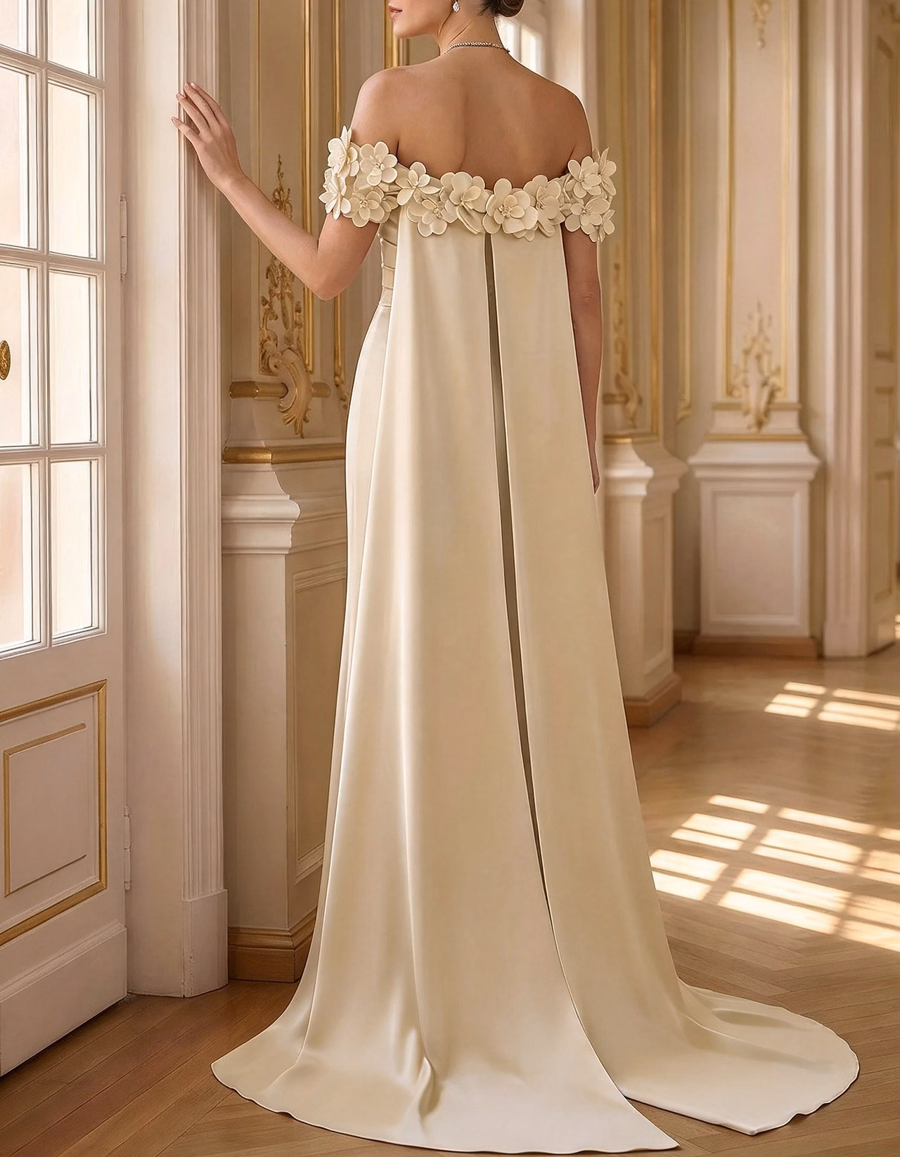 Off-the-Shoulder Satin 3D Floral Cape Train A-Line Maxi Dress