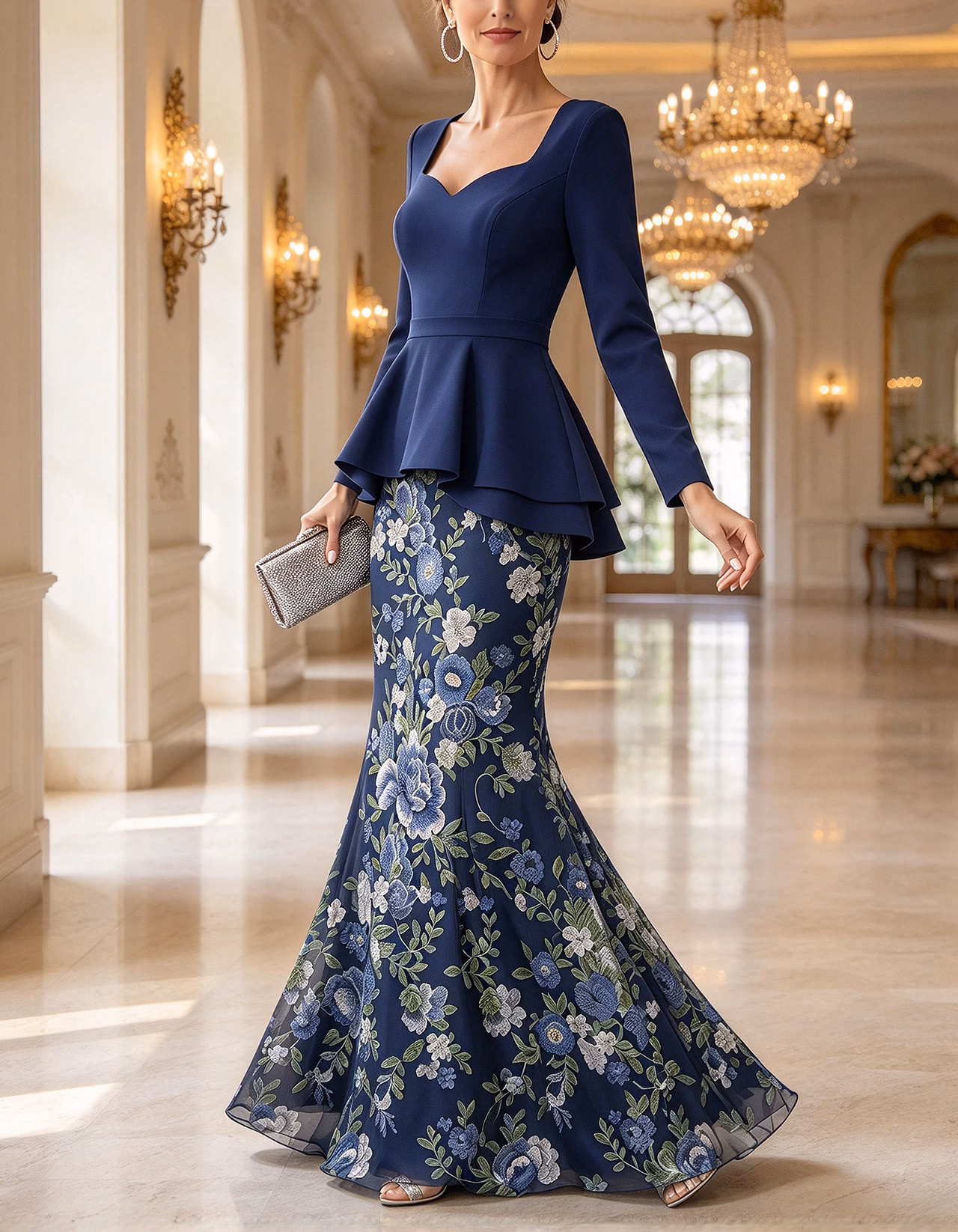Navy Peplum Floral Embroidery Tulle Mermaid Maxi Dress