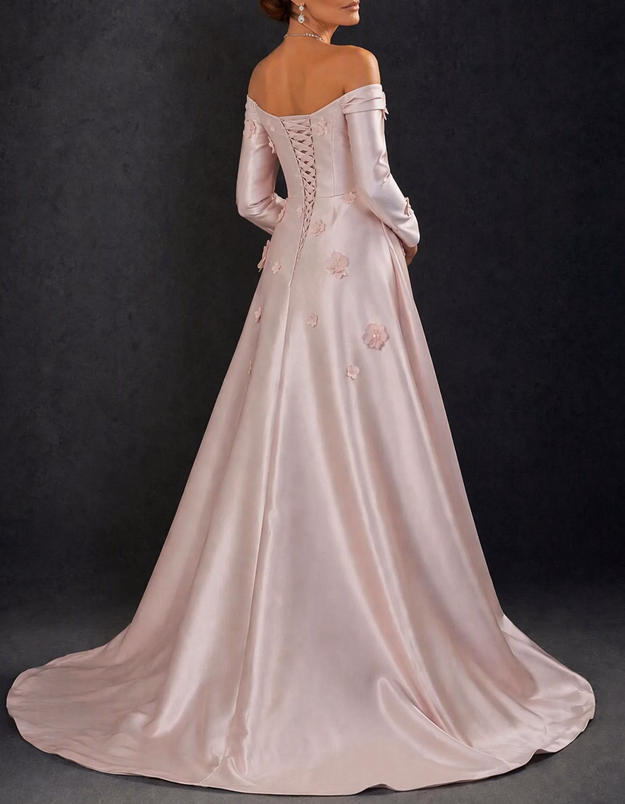 Off-the-Shoulder Satin 3D Floral Long Sleeve A-Line Evening Maxi Dress