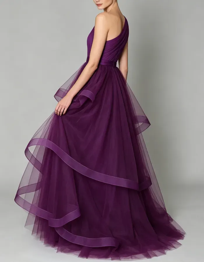 One‑Shoulder Ruched Tulle Gown Maxi Dress