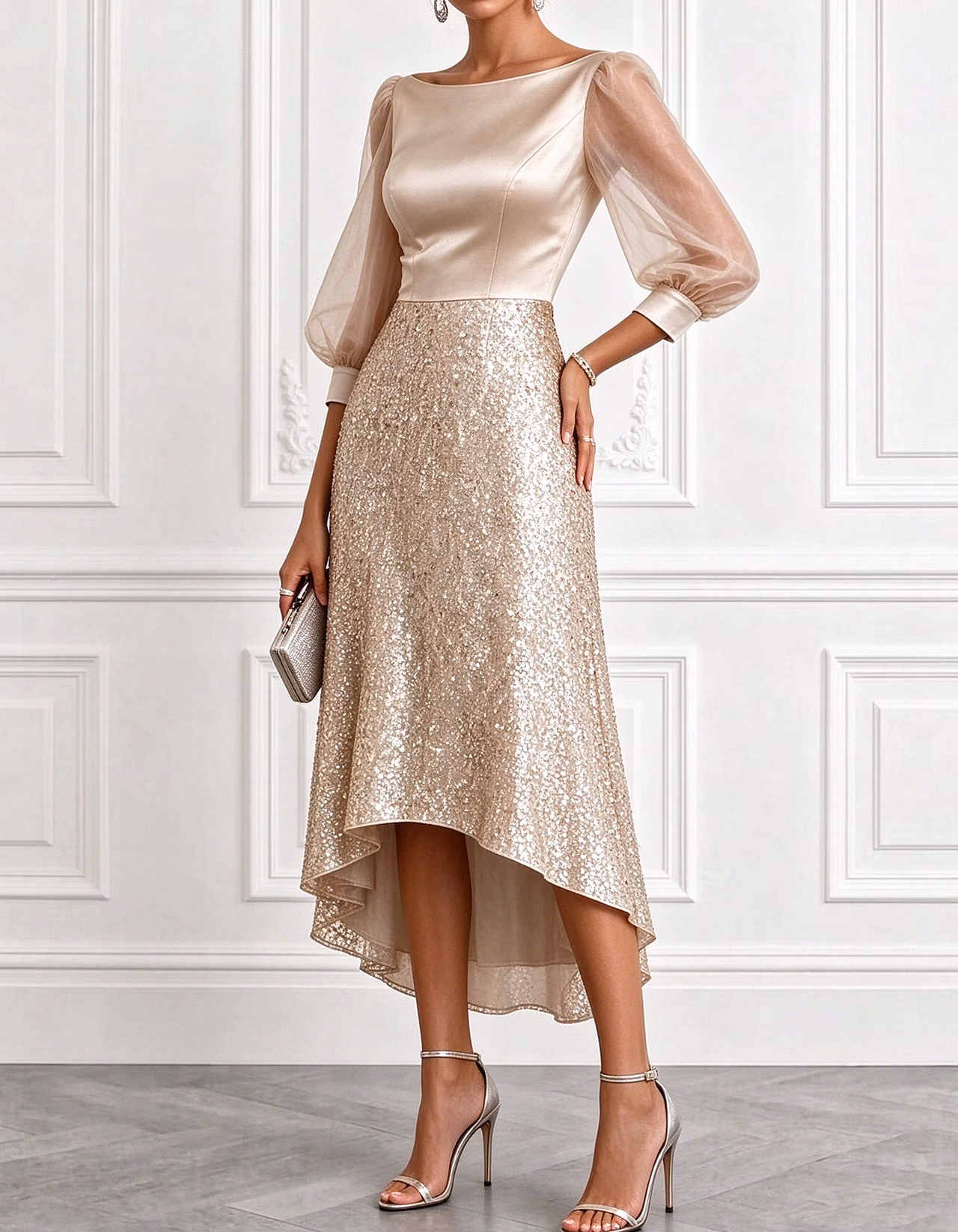 Champagne Boat Neck Sheer Puff Sleeve Sequin High Low Midi Dress