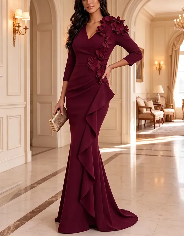Burgundy V Neck 3/4 Sleeve 3D Floral Side Ruffle Maxi Dress