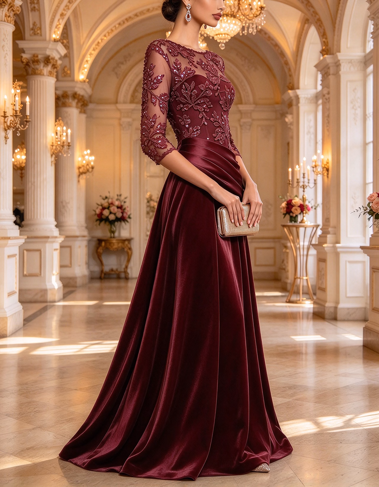 Burgundy Illusion Sequin Lace & Velvet Maxi Dress
