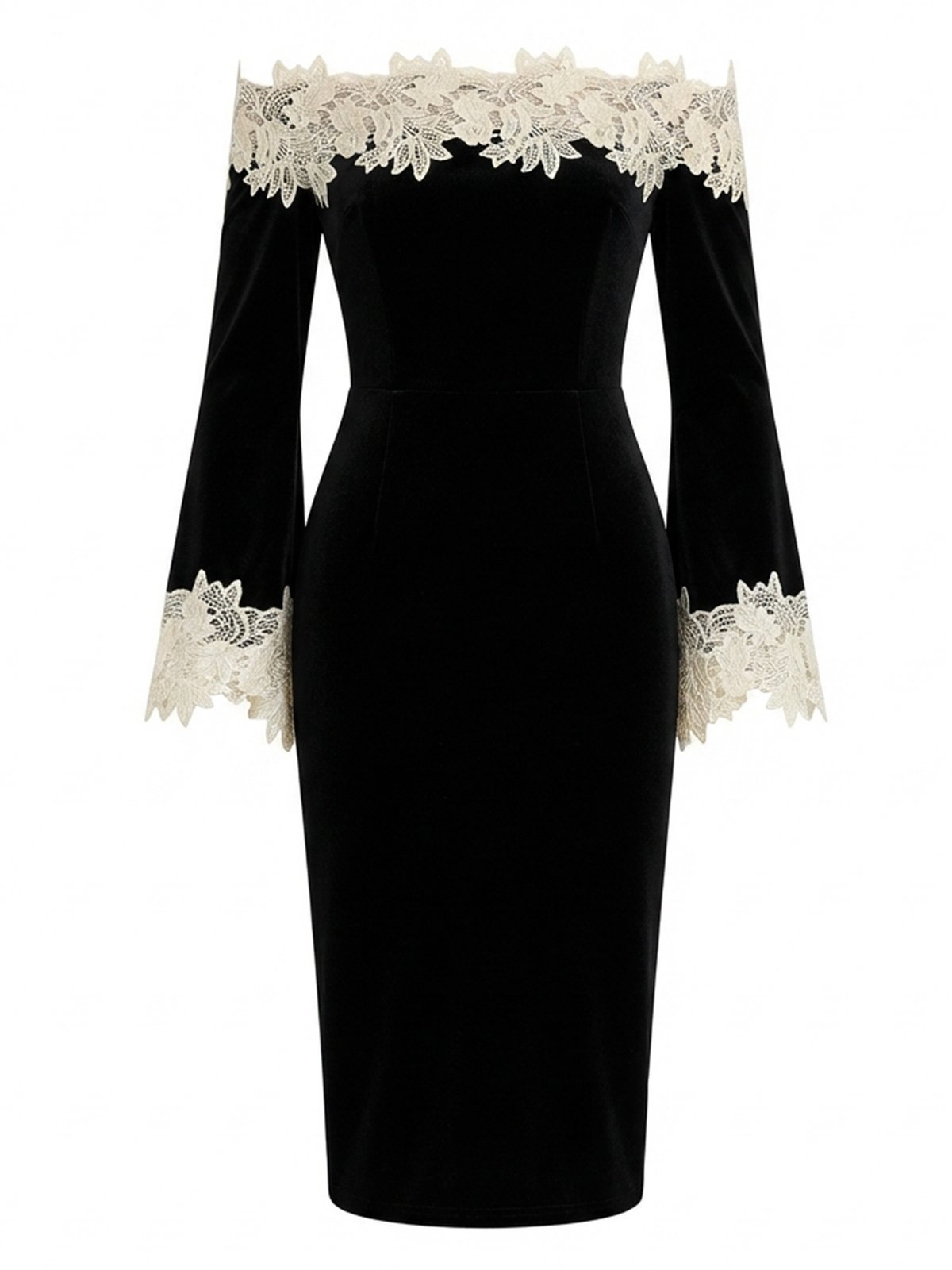 Black Lace Velvet Off The Shoulder Long Sleeve Sheath Midi Dress