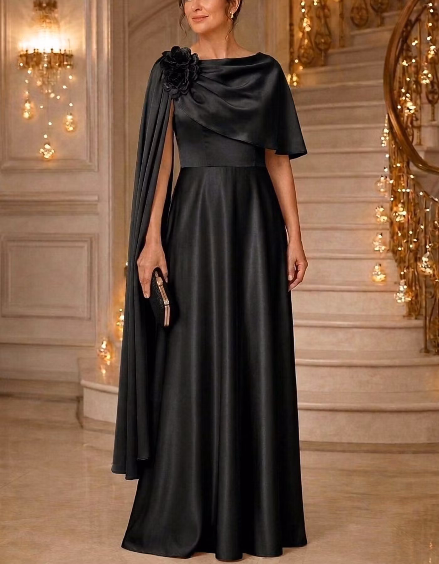 Satin Draped Cowl Neck Asymmetric Cape Sleeve 3D Flower Maxi Dress