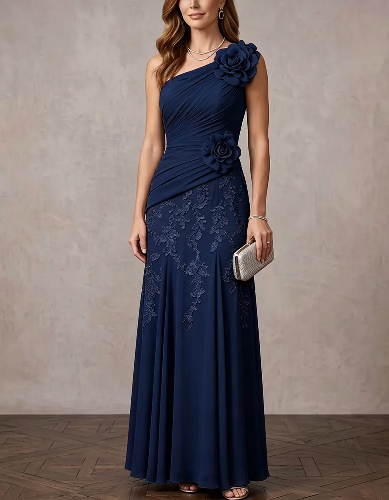 Chiffon One Shoulder Diagonal Ruched Bodice 3D Rose Maxi Dress