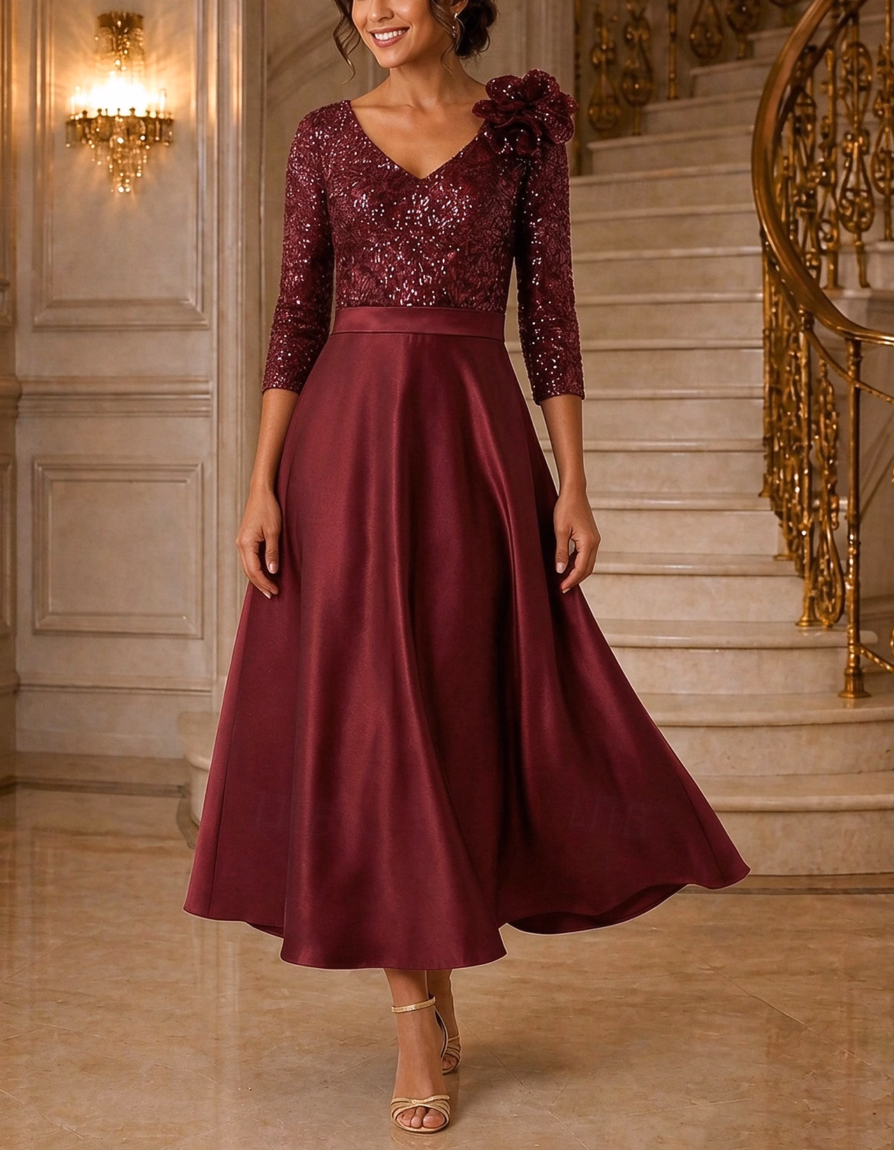 Solid Color V-Neck With Sequins Midi Dress