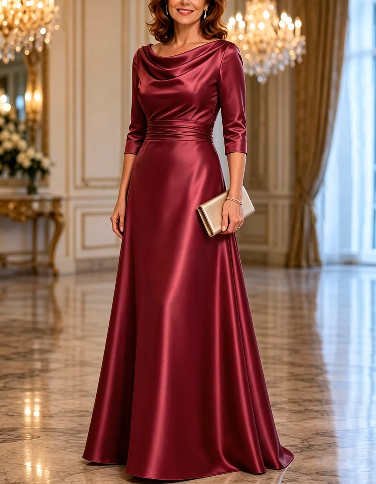 Cowl Neck 3/4 Sleeve Satin Floor Length A-Line Maxi Dress
