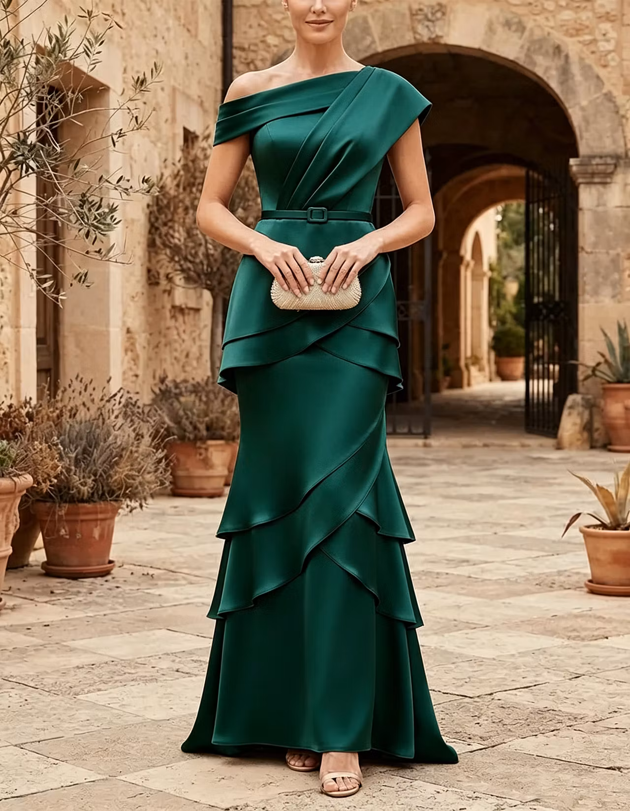 Champagne Asymmetric Off-the-Shoulder Satin Mermaid Maxi Dress