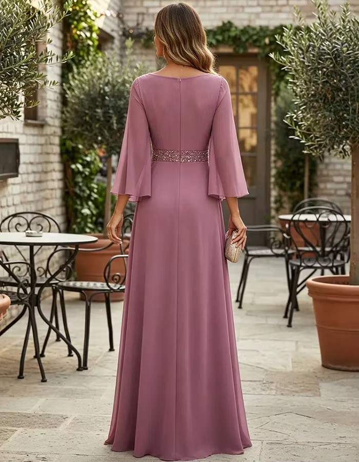 Purple V Flutter Sleeve Sequined Waist Chiffon Maxi Dress