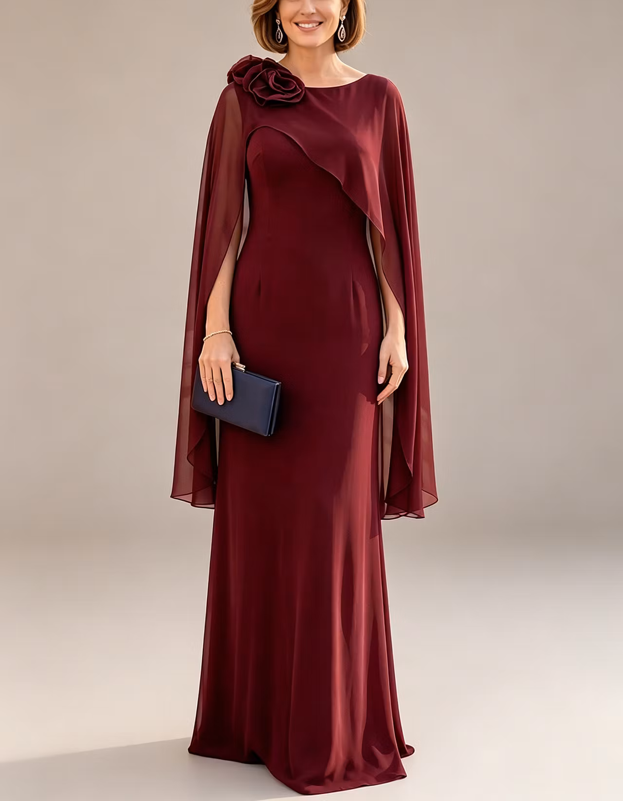 Chiffon Cape Sleeve Shoulder 3D Flower Maxi Dress