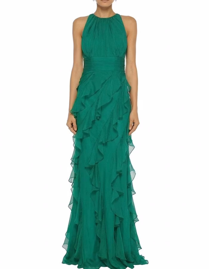 Green Elegant Ruffled Maxi Dress