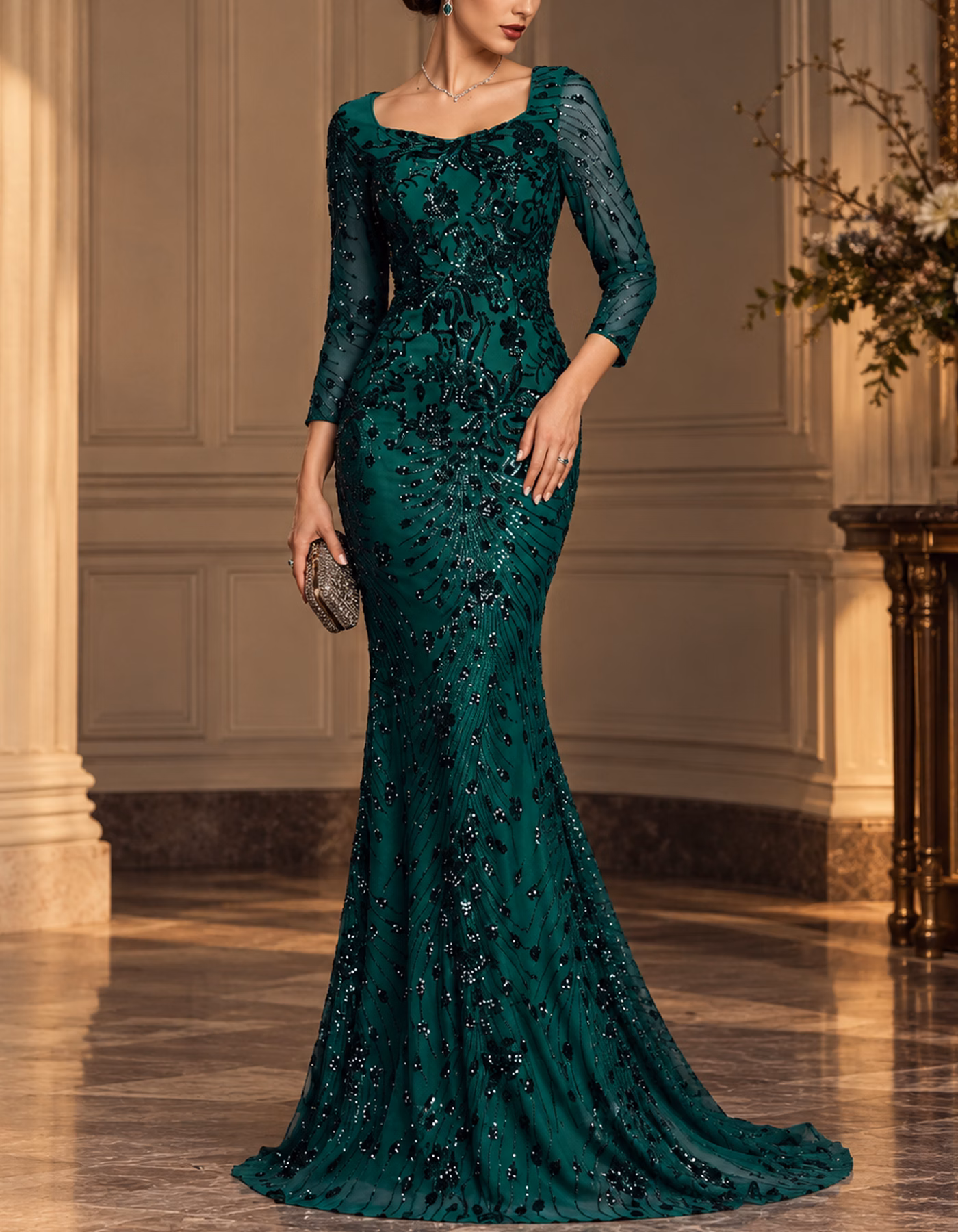 merald Green Square Neck Rhinestone Beaded Mermaid Evening Maxi Dress