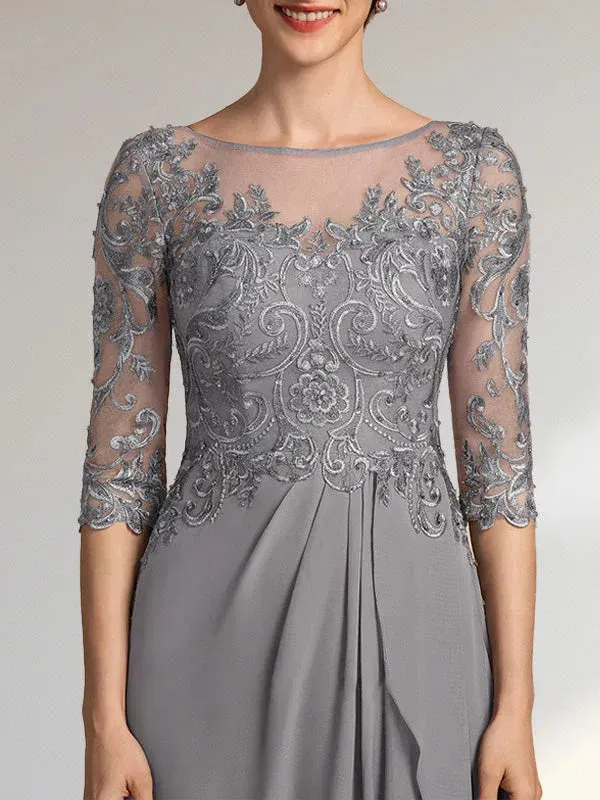 A-line Scoop Illusion Floor-Length Chiffon Lace Mother of the Bride Dress With Beading Sequins Cascading Ruffles