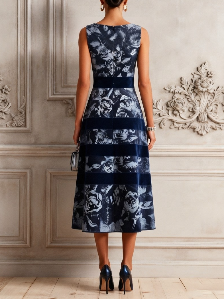 Purplish Blue Split Joint Embossed Velvet Boat Neck Sleeveless A-Line Midi Dress