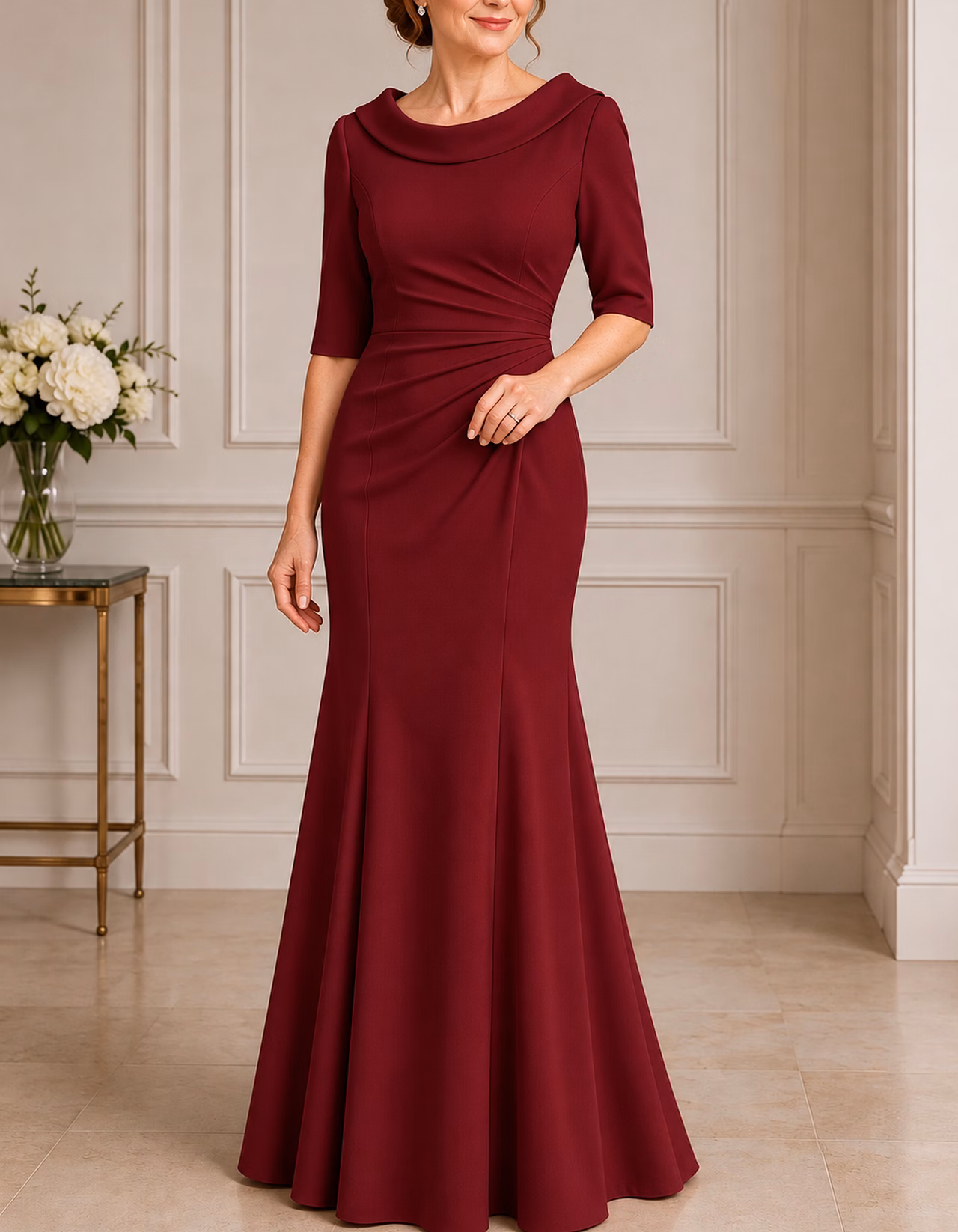 Draped Cowl Neck Elbow Sleeve Maxi Dress