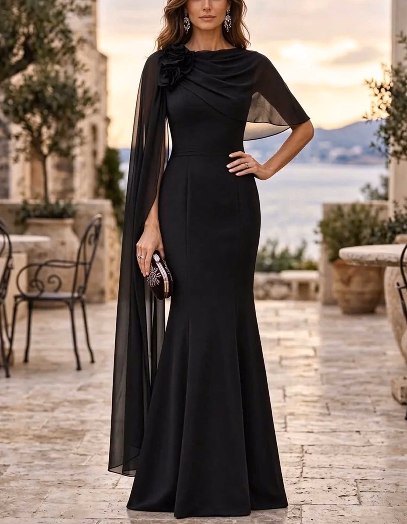Chiffon Cape Sleeve 3D Flower Maxi Dress